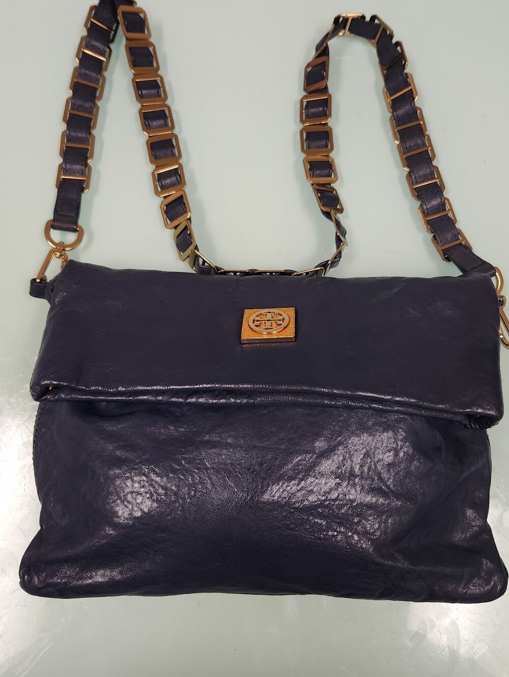 Tory Burch Navy Leather Fold-Over Crossbody with Gold Chain Strap